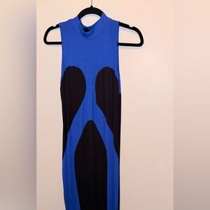 Bold Blue & Black Bodycon Midi Dress – Sleek, Modern, and Eye-Catching